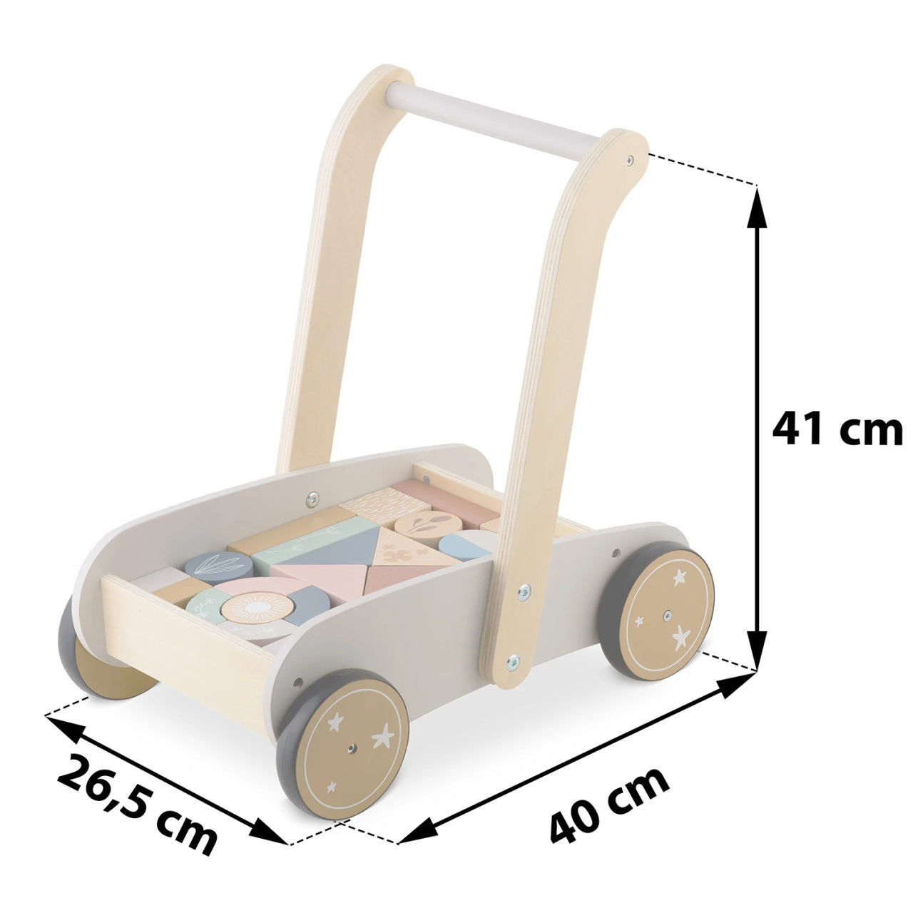 Premergator Impingator din lemn, tip carucior, pentru copii, cu 24 de blocuri de construit, Nukido, NK-856