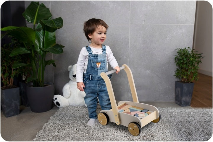 Premergator Impingator din lemn, tip carucior, pentru copii, cu 24 de blocuri de construit, Nukido, NK-856