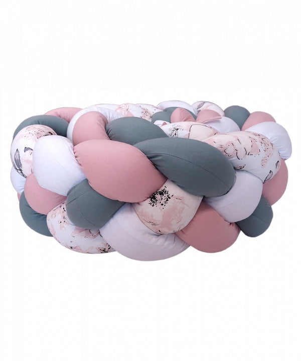 Protectie impletita pentru patut copii, bumbac, 4 fire, Koell, Roz - Eucalipt - Mar - Alb, 180 cm