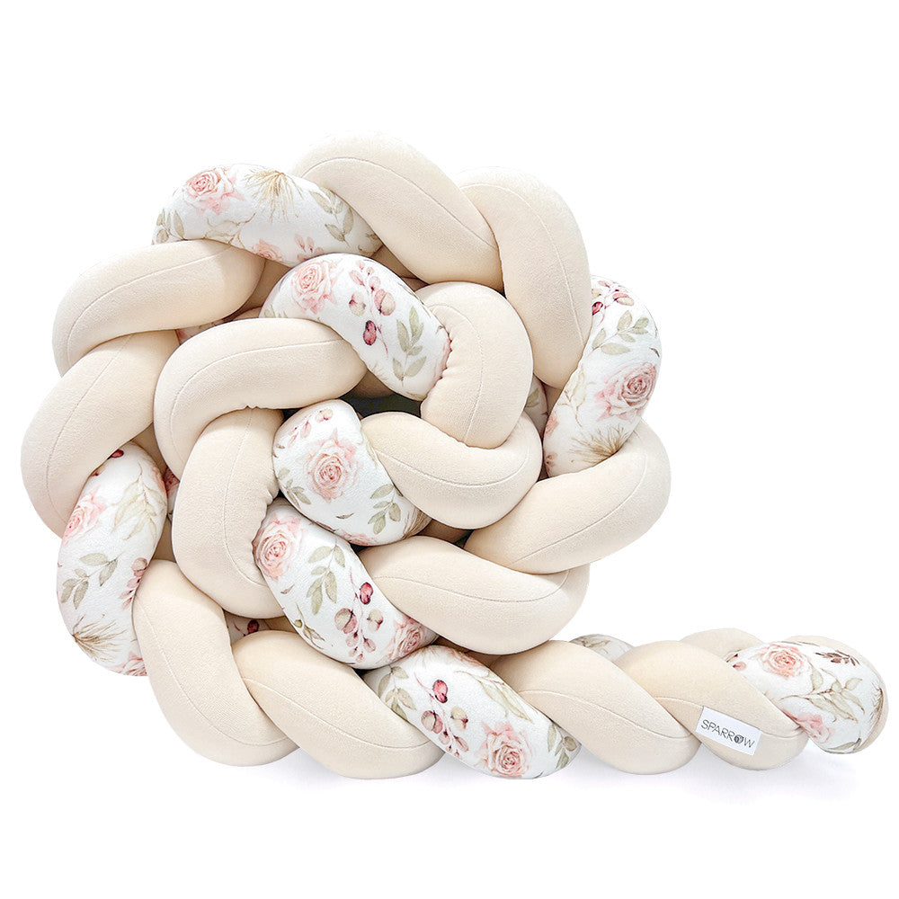 Protectie impletita pentru patut copii, din bumbac catifelat, Velvet Almond Flowers, 340 cm, Full 120 x 60 cm, Sparrow