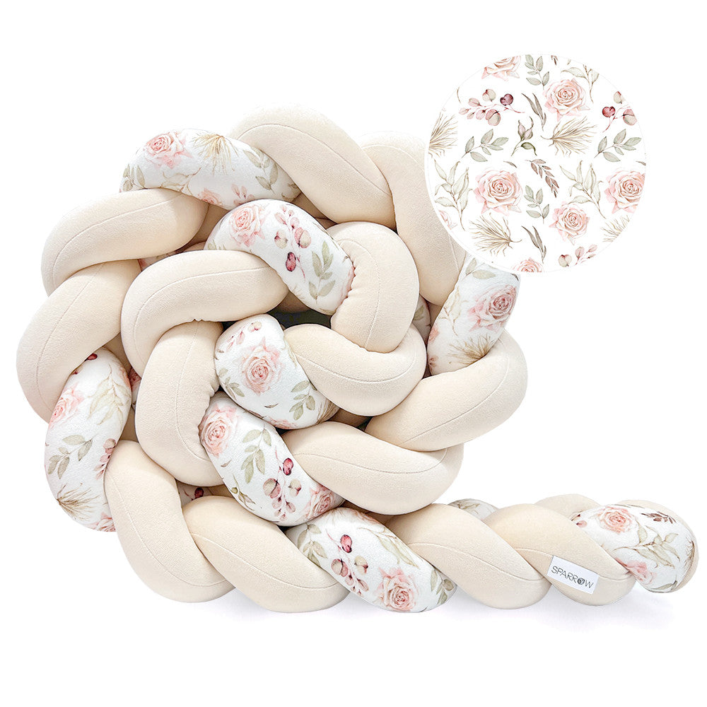 Protectie impletita pentru patut copii, din bumbac catifelat, Velvet Almond Flowers, 340 cm, Full 120 x 60 cm, Sparrow
