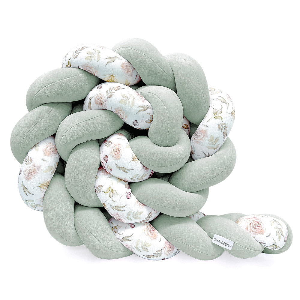 Protectie impletita pentru patut copii, din bumbac catifelat, Velvet Eucalipt Flowers, 340 cm, Full 120 x 60 cm, Sparrow