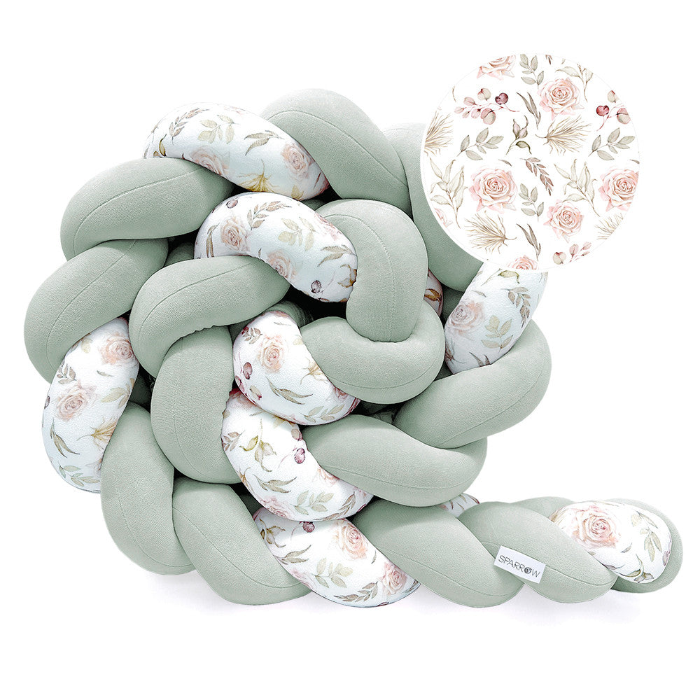 Protectie impletita pentru patut copii, din bumbac catifelat, Velvet Eucalipt Flowers, 340 cm, Full 120 x 60 cm, Sparrow