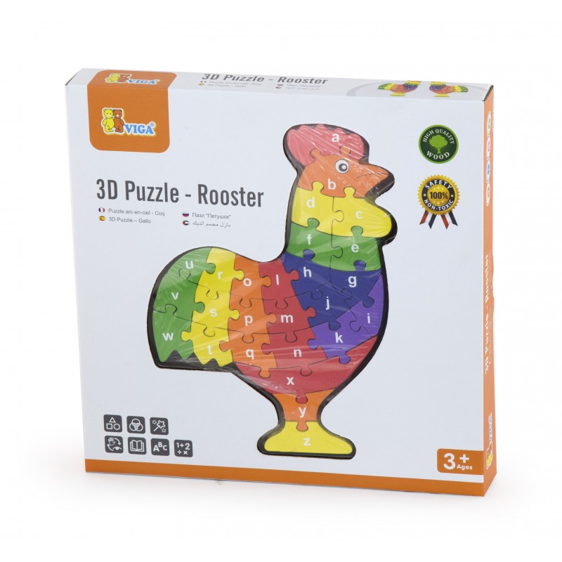 Puzzle din lemn 3D cu litere mici si mari - cocos colorat, VIGA