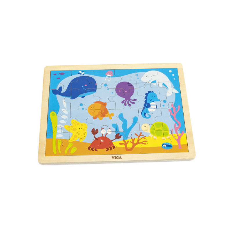 Puzzle din lemn cu 24 piese, Animale din ocean, VIGA
