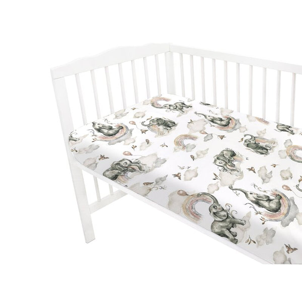 Cearceaf cu elastic pentru patut 120x60 cm, Din bumbac, Elephants on Rainbow, Qmini