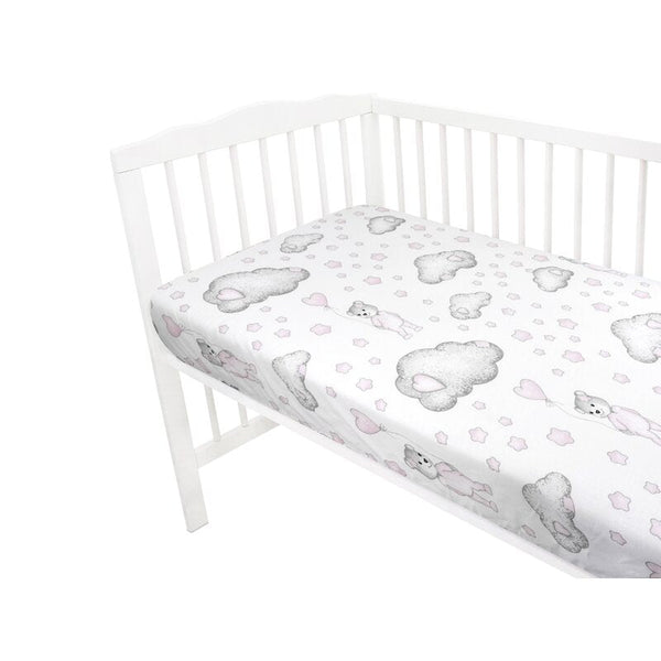 Qmini - Cearceaf cu elastic pentru patut 120x60 cm, Din bumbac, Teddy Bear with Pink Heart