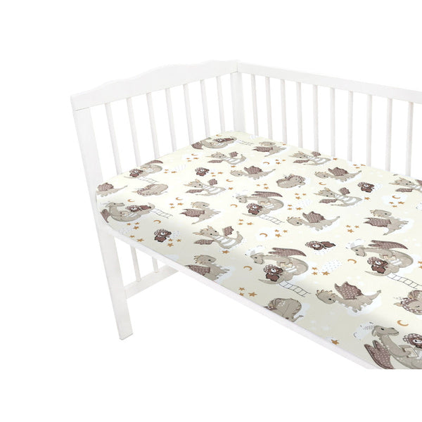 Cearceaf cu elastic pentru patut 140X70 cm, Din bumbac certificat Oeko Tex Standard 100, Dragons Beige, Qmini