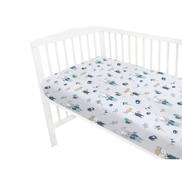 Qmini - Cearceaf cu elastic pentru patut 140x70 cm, Din bumbac, Fox and Rabbit, Blue
