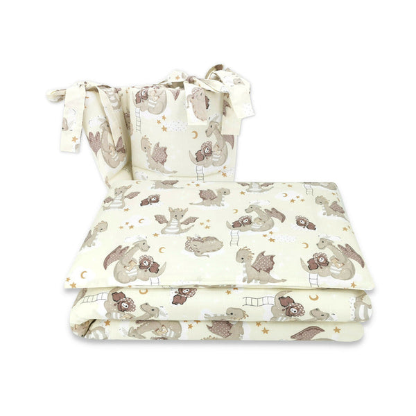 Lenjerie patut 3 piese, Cu protectie laterala, Din bumbac certificat Oeko Tex Standard 100, Pentru patut 140x70 cm, Dragons Beige, Qmini
