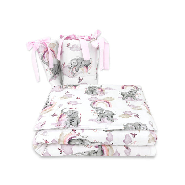 Lenjerie patut 3 piese, Cu protectie laterala, Din bumbac certificat Oeko Tex Standard 100, Pentru patut 140x70 cm, Elephants on Rainbow Pink, Qmini