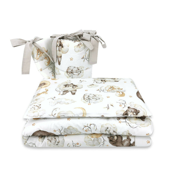 Lenjerie patut 3 piese, Cu protectie laterala, Din bumbac certificat Oeko Tex Standard 100, Pentru patut 140x70 cm, Teddy Bear and Friends Beige, Qmini