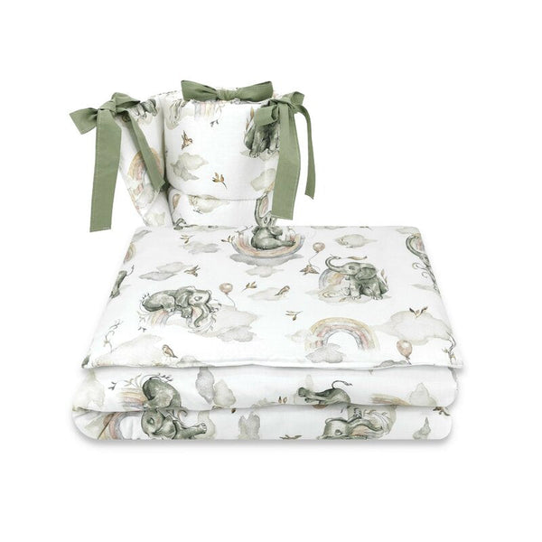 Set lenjerie patut cu 3 piese, din bumbac, pentru patut 120x60 cm, Elephants on Rainbow, Qmini