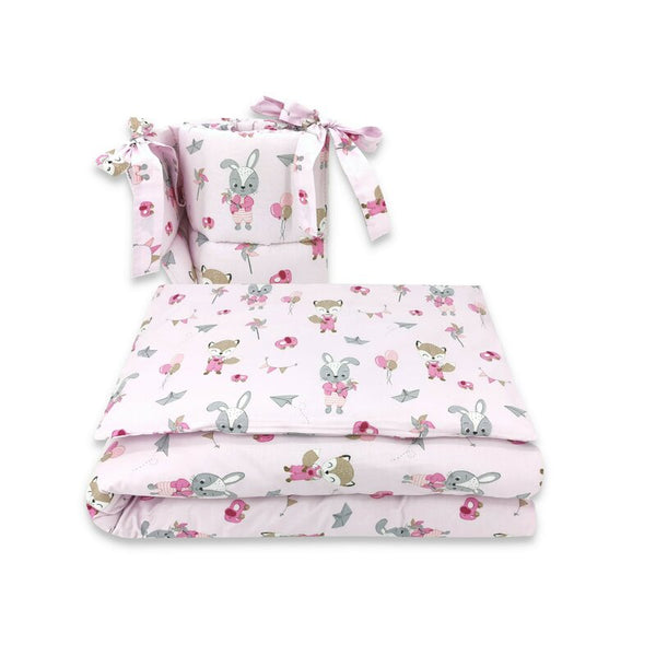 Set lenjerie patut cu 3 piese, din bumbac, pentru patut 120x60 cm, Fox and Rabbit, Pink, Qmini