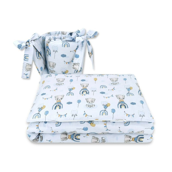 Lenjerie patut 3 piese, Cu protectie laterala, Din bumbac, Pentru patut 120x60 cm, Teddy Bears on Rainbow, Blue, Qmini