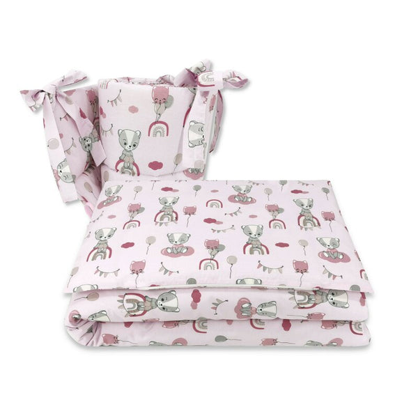 Qmini - Lenjerie patut 3 piese, Cu protectie laterala, Din bumbac, Pentru patut 120x60 cm, Teddy Bears on Rainbow, Pink