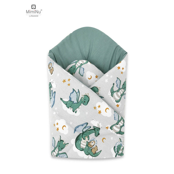 Paturica de infasat cu doua fete, Cu multiple utilizari, Cu inchidere arici velcro, Dimensiune 75x75 cm, Din bumbac certificat Oeko Tex Standard 100, Dragons Gray, Qmini