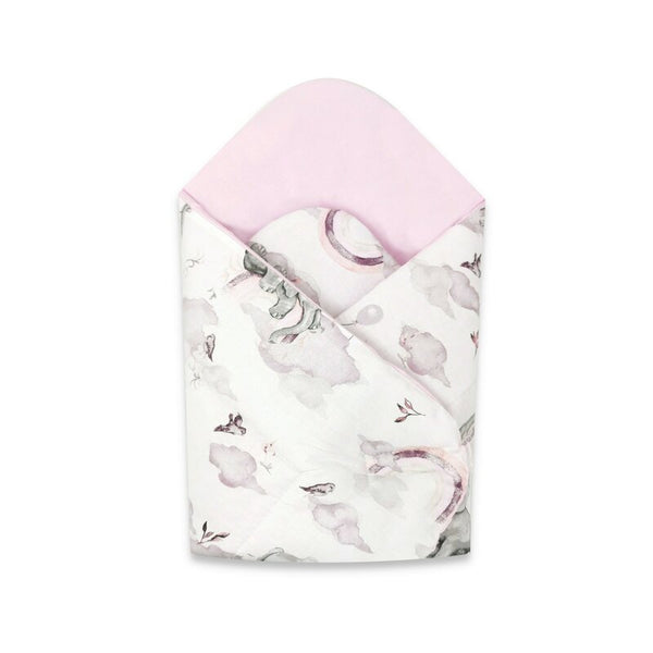 Paturica de infasat cu doua fete, Cu multiple utilizari, Cu inchidere arici velcro, Dimensiune 75x75 cm, Din bumbac certificat Oeko Tex Standard 100, Elephants on Rainbow Pink, Qmini