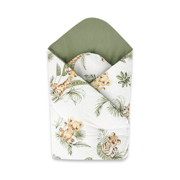 Paturica de infasat cu doua fete, Cu multiple utilizari, Cu inchidere arici velcro, Dimensiune 75x75 cm, Din bumbac certificat Oeko Tex Standard 100, Safari, Qmini