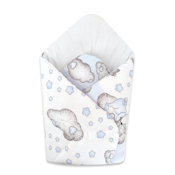 Paturica de infasat cu doua fete, Cu multiple utilizari, Cu inchidere arici velcro, Dimensiune 75x75 cm, Din bumbac certificat Oeko Tex Standard 100, Teddy Bear with Blue Heart, Qmini