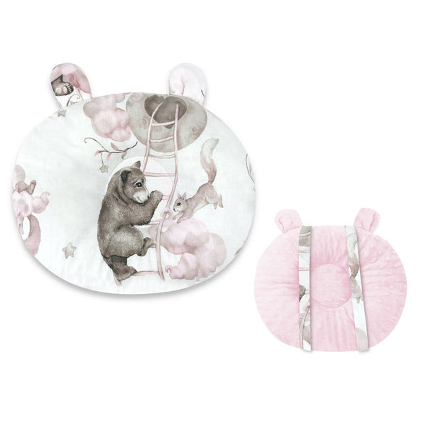 Perna bebelusi Ursulet, Multifunctionala, Cu doua fete, Tesatura pufoasa minky si bumbac, Materiale certificate Oeko Tex Standard 100, Dimensiune 30x23 cm, Minky Teddy Bear and Friends Pink, Qmini
