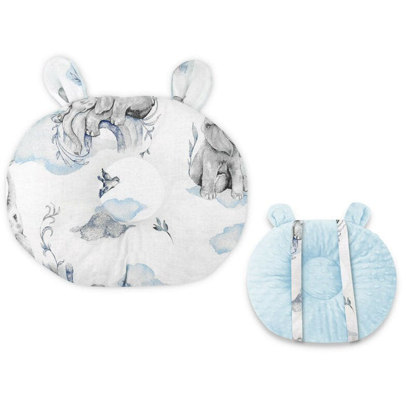 Perna bebelusi Ursulet, Multifunctionala, Cu doua fete, Tesatura pufoasa minky si bumbac, Materiale certificate Oeko Tex Standard 100, Dimensiune 30x23 cm, Minky Elephants on Rainbow Blue, Qmini