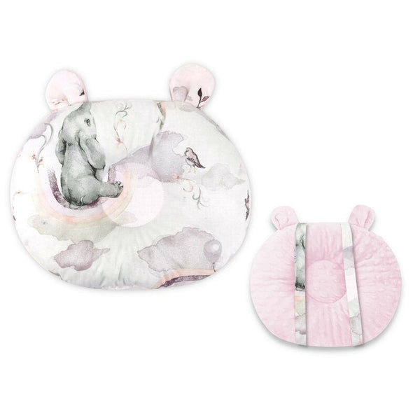Perna bebelusi Ursulet, Multifunctionala, Cu doua fete, Tesatura pufoasa minky si bumbac, Materiale certificate Oeko Tex Standard 100, Dimensiune 30x23 cm, Minky Elephants on Rainbow Pink, Qmini