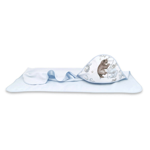 Prosop mare cu gluga, Dimensiune 100x100 cm, Din bumbac si thermo fleece, Materiale certificate Oeko Tex Standard 100, Teddy Bear and Friends Blue, Qmini