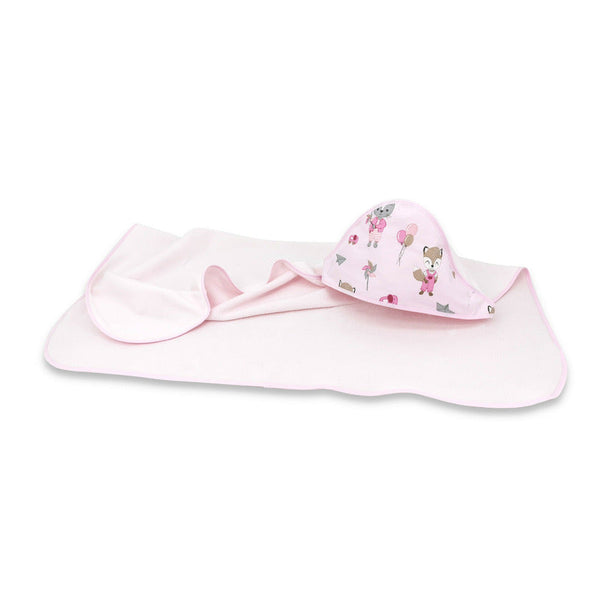 Prosop mare cu gluga, Dimensiune 100x100 cm, Din bumbac si thermo fleece, Materiale certificate Oeko Tex Standard 100, Fox and Rabbit, Pink, Qmini