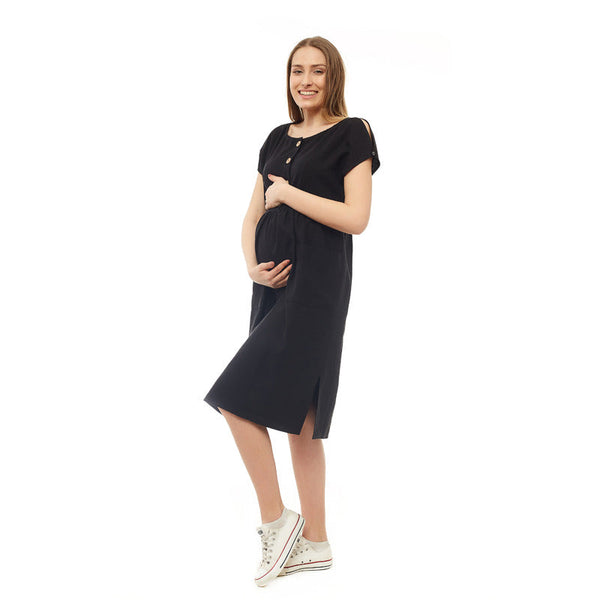 Rochie pentru gravide si pentru alaptare, XXL/XXXL, Din in si poliester, Confortabila si lejera, Black, Qmini