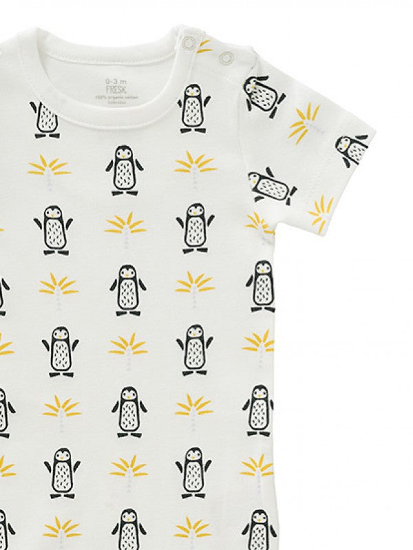 Salopeta de vara, pentru bebelusi 3-6 luni, din bumbac organic, model Pinguin, Fresk
