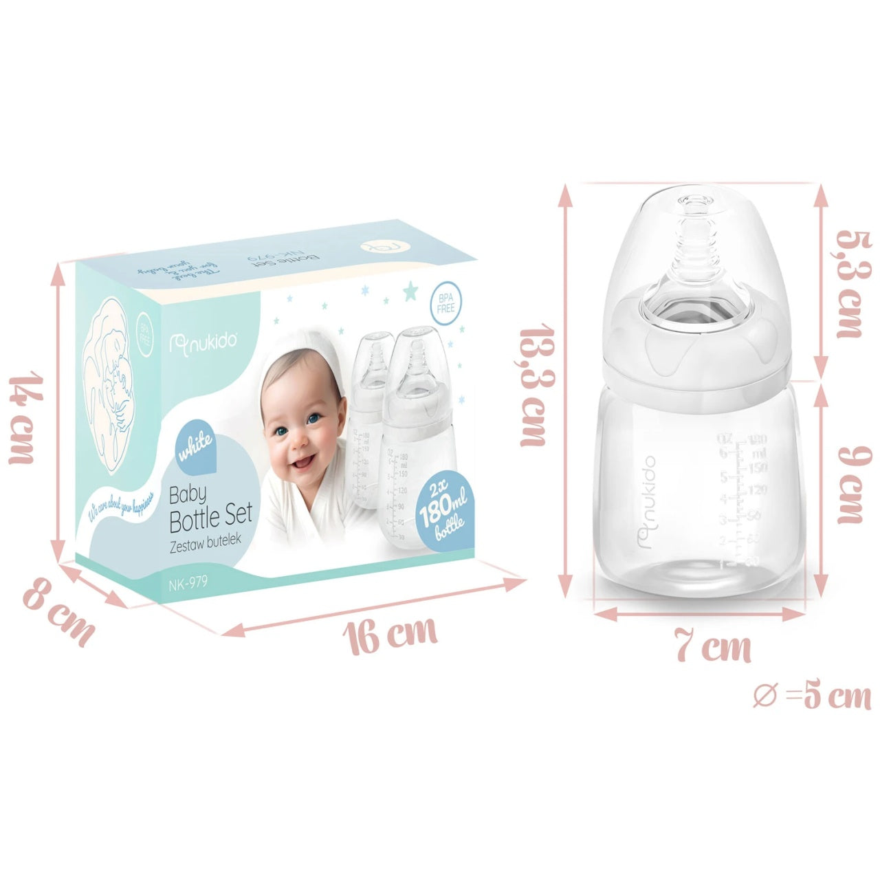 Set 2 Biberoane complete, Nukido, sticle 180 ml, tetine dinamice