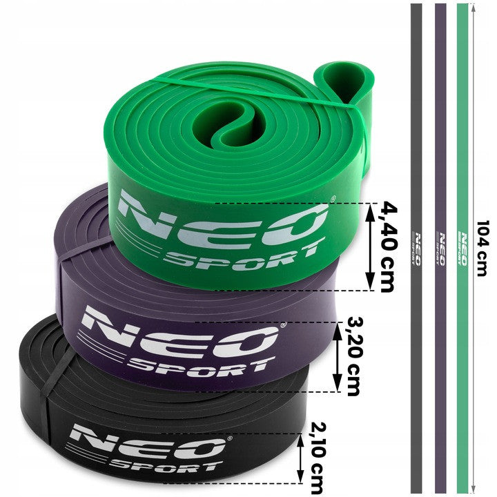 Set 3 Banzi elastice de rezistenta, pentru exercitii fitness, Neo-Sport, NS-960, antrenament in sala de gimnastica, gimnastica de recuperare, Negru/Mov/Verde