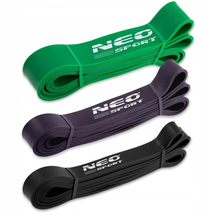 Set 3 Banzi elastice de rezistenta, pentru exercitii fitness, Neo-Sport, NS-960, antrenament in sala de gimnastica, gimnastica de recuperare, Negru/Mov/Verde