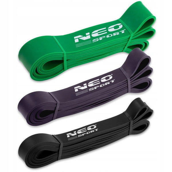 Set 3 Banzi elastice de rezistenta, pentru exercitii fitness, Neo-Sport, NS-960, antrenament in sala de gimnastica, gimnastica de recuperare, Negru/Mov/Verde