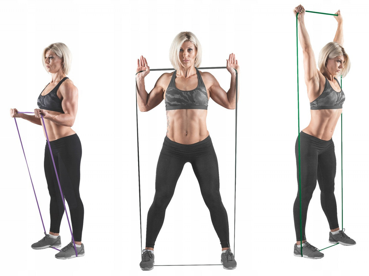Set 3 Banzi elastice de rezistenta, pentru exercitii fitness, Neo-Sport, NS-960, antrenament in sala de gimnastica, gimnastica de recuperare, Negru/Mov/Verde