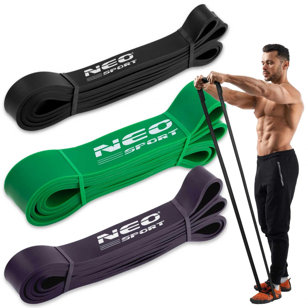 Set 3 Banzi elastice de rezistenta, pentru exercitii fitness, Neo-Sport, NS-960, antrenament in sala de gimnastica, gimnastica de recuperare, Negru/Mov/Verde