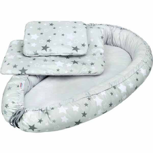 Set 3 piese, Baby Nest, Cu paturica si pernuta, White/Grey stars, New Baby