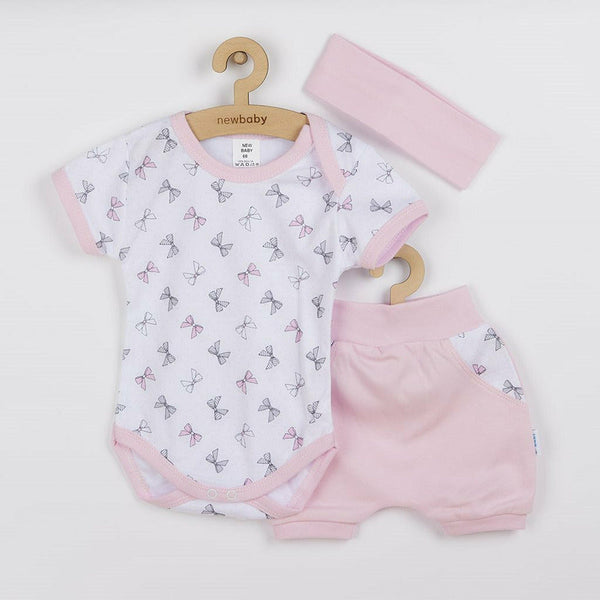 Set 3 piese pentru vara: pantaloni scurti, body si bentita pentru cap, Marime 62, Din bumbac 100%, Perfect Summer, Pink, New Baby