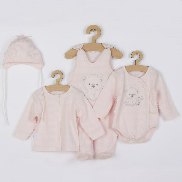 Set 4 piese: bluza, body cu maneca lunga, salopeta fara maneci, caciulita, Marime 56, Din bumbac 100%, Sweet Bear Pink, New Baby