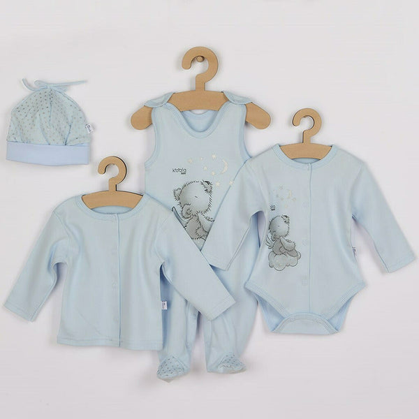 Set 4 piese, Salopeta fara maneci, jacheta, body cu maneca lunga, caciulita, Marime 56, Din bumbac 100%, Angel Blue, New Baby