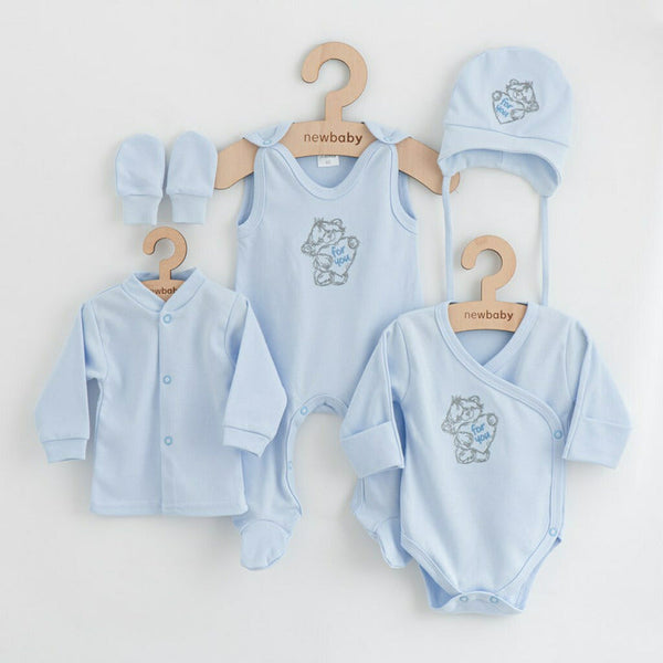 Set 5 piese, Salopeta fara maneci, jacheta, body cu maneca lunga, caciulita, manusi, Marime 50, Din bumbac 100%, Classic Blue, New Baby