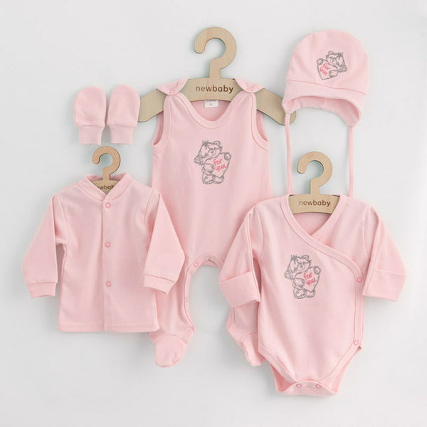 Set 5 piese, Salopeta fara maneci, jacheta, body cu maneca lunga, caciulita, manusi, Marime 50, Din bumbac 100%, Classic Pink, New Baby