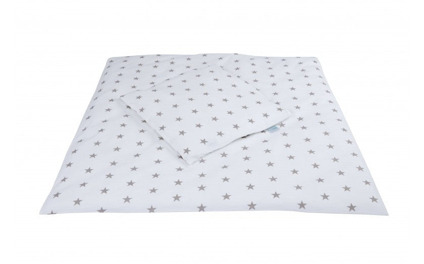 Set Lenjerie pentru Patut, Evolutiv, cu 11 piese, baldachin, suport, perne, ceasafuri, asternuturi, Alb cu Stelute, 8S1, Waldin