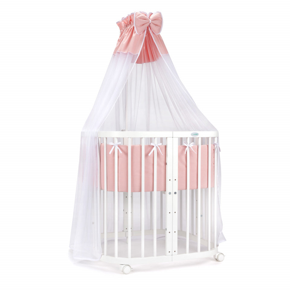 Set Lenjerie pentru Patut, Evolutiv, cu 11 piese, baldachin, suport, perne, ceasafuri, asternuturi, Alb cu Stelute, Pink 88, Waldin