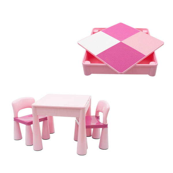 Set masuta si doua scaune pentru copii, Pink, Cu parte detasabila si reversibila, Partea reversibila pentru Lego Duplo, New Baby, New Baby