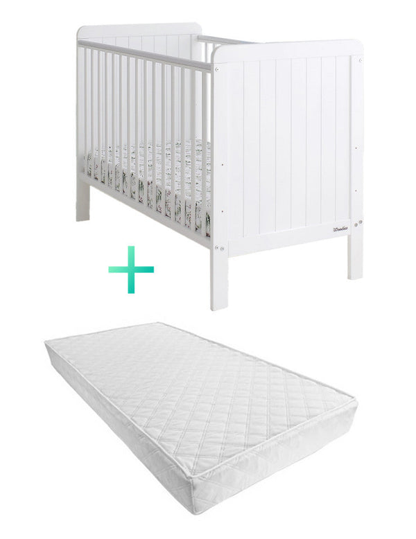 Set - Patut Bebe, 120x60 cm, din Lemn Masiv , Country Alb, Saltea copii MyKids Cocos Confort II 120x60x10 cm, Woodies Safe Dreams