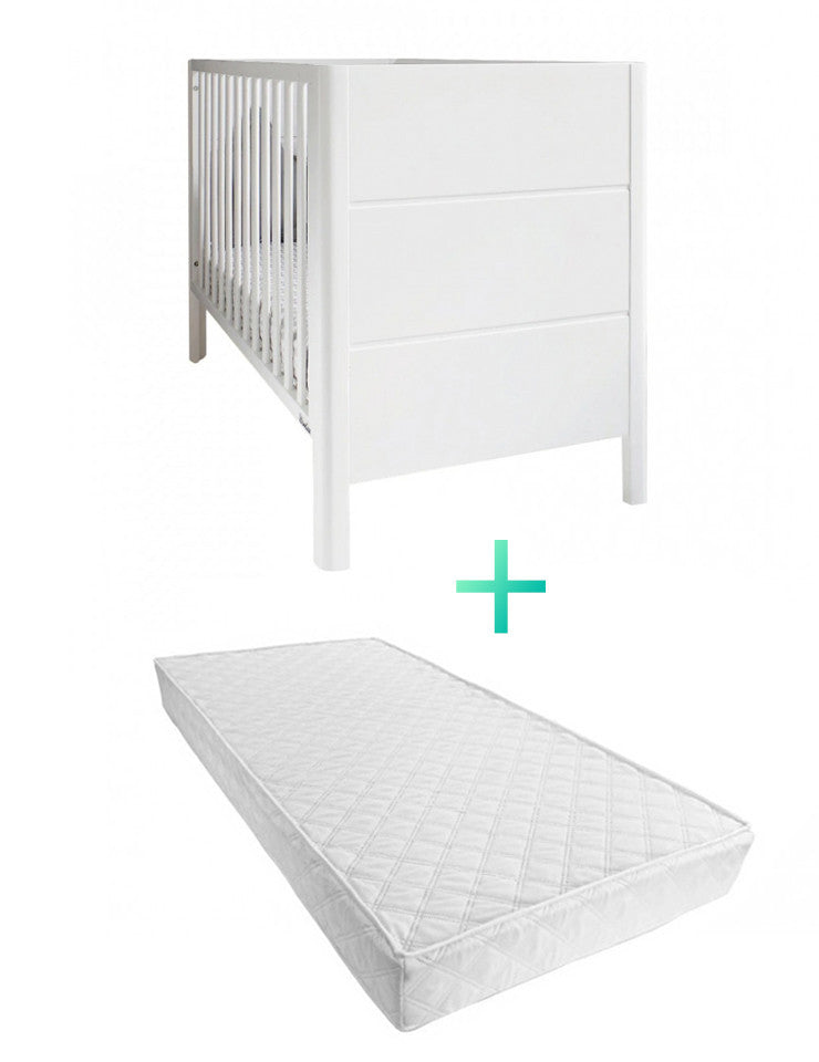 Set - Patut Bebe, 120x60 cm, din Lemn Masiv, Smooth+ Saltea copii MyKids Cocos Confort II 120x60x10 cm, Woodies Safe Dreams