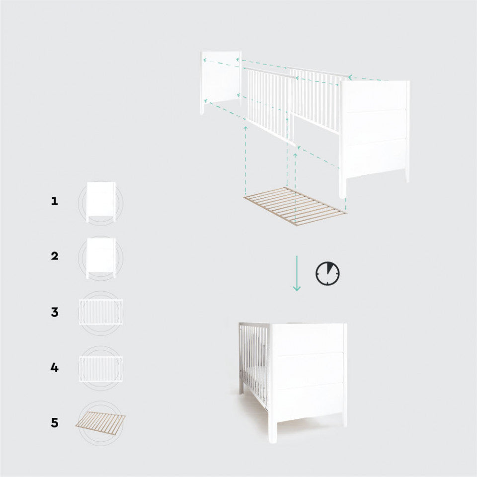 Set - Patut Bebe, 120x60 cm, din Lemn Masiv, Smooth+ Saltea copii MyKids Cocos Confort II 120x60x10 cm, Woodies Safe Dreams