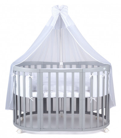 Set Patut Oval Evolutiv pentru Copii, Multifunctional, 7in1, cu Saltele, Baldachin, Lenjerie si Aparatori Laterale, Transformabil, Masa de Schimbat, Co-Sleeping, Tarc de Joaca, Birou, Scaune, Waldin, Gri, Echipament Alb, 88